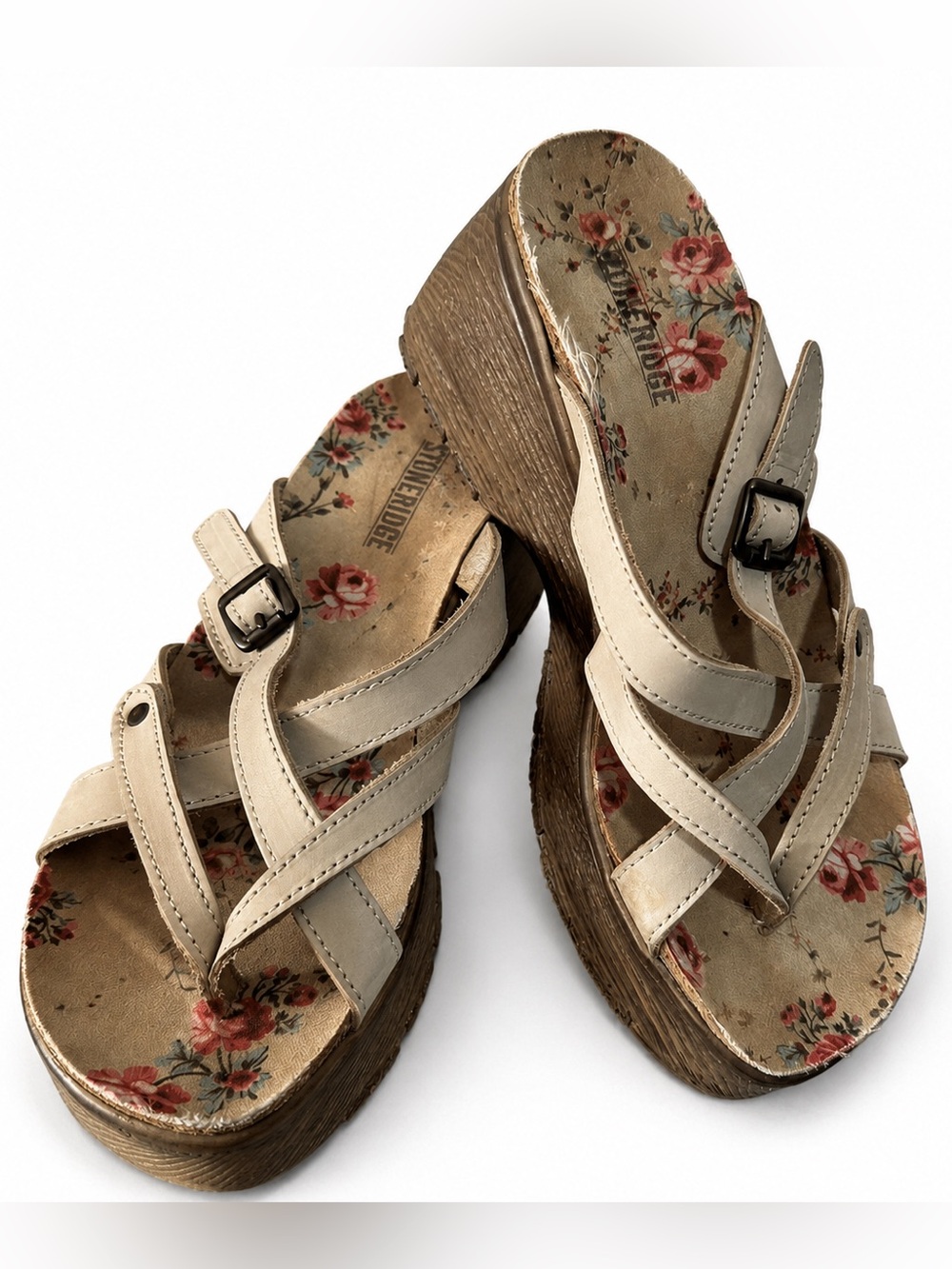 Vintage 90s StoneRidge Beige Leather Platform Wedge Sandal Floral sz 39 8.5